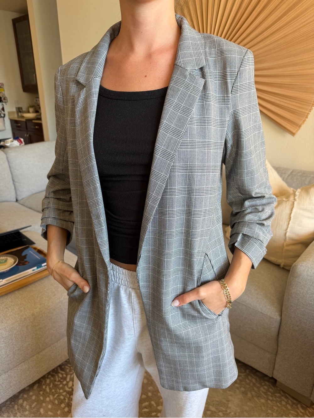 Rachel Zoe Grey Plaid Open-Front Blazer